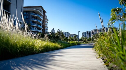 Poster - Scenic pathway through lush grass and modern buildings under a clear blue sky : Generative AI