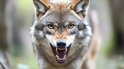 Poster - Wild coyote showcasing fierce expression with teeth bared in a dramatic forest setting : Generative AI