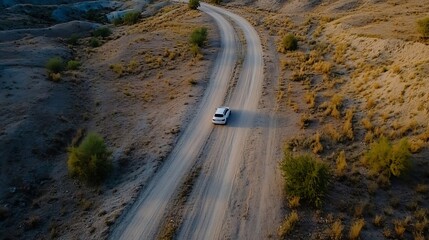 Aufkleber - Aerial View of a Remote Dirt Road with Car Surrounded by Nature : Generative AI