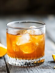 Aufkleber - Refreshing whiskey cocktail with ice in a glass on rustic wooden table setting : Generative AI