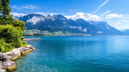 Aufkleber - Breathtaking landscape view of serene lake surrounded by majestic mountains under a clear blue sky : Generative AI
