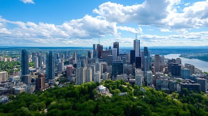 Aufkleber - Stunning Aerial View of a Bustling Urban Center Surrounded by Lush Greenery and Clear Blue Skies : Generative AI