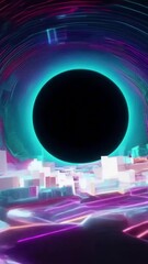 Wall Mural - vertical 9:16 A swirling quantum black hole slowly consumes an entire AI-generated virtual reality. Fragments of neon code, pixelated landscapes, and holographic structures are stretched and warped