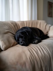 Poster - Black Labrador retriever sleeping peacefully on a cozy sofa in a sunlit room : Generative AI
