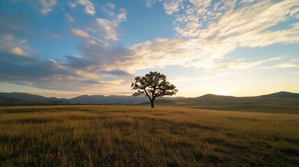 Poster - Lonely Tree Standing Majestically in Golden Field Against Expansive Sky at Sunset : Generative AI