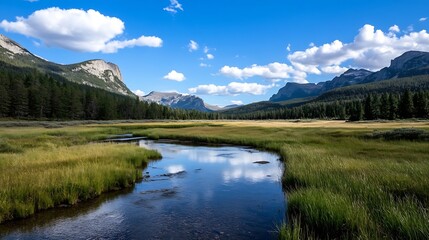Poster - Idyllic Meadow with Stream Flowing Amidst Lush Grass and Majestic Mountains Under a Clear Blue Sky : Generative AI