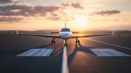 Poster - Sleek modern airplane parked on runway illuminated by a vibrant sunset sky filled with clouds : Generative AI