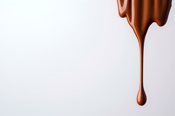 Poster - Dripping melted milk chocolate drop falling against white background, smooth glossy texture and flowing liquid form creates minimalist composition.