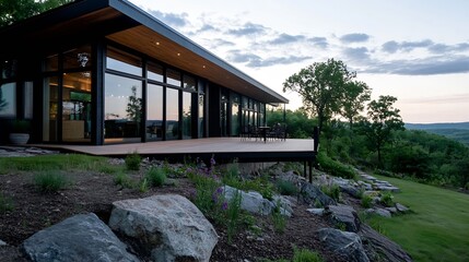 Aufkleber - Contemporary house design with glass walls overlooking beautiful landscape during sunset : Generative AI
