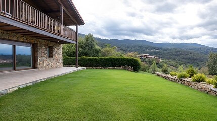 Aufkleber - Serene view of a modern home surrounded by lush greenery set against a mountainous backdrop : Generative AI