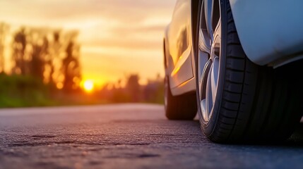 Poster - Close up of a car tire on asphalt road with glowing sunset in the background enhancing travel vibes : Generative AI