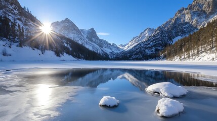 Aufkleber - Stunning winter landscape showcasing a frozen lake surrounded by majestic mountains and a vibrant sun : Generative AI