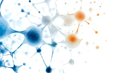 Poster - Abstract network of interconnected neurons in blue and orange colors showing synaptic connections and neural pathways against white background for medical or science designs.