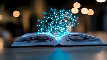 Poster - Open book with magical glowing blue light particles rising from pages against dark background with soft bokeh lights, creating mystical reading atmosphere.