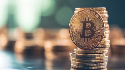 Aufkleber - Stack of shiny gold Bitcoin coins symbolizing cryptocurrency investment and digital finance : Generative AI