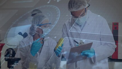 Poster - Analyzing data, scientists in lab coats using animation with futuristic technology