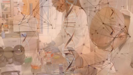 Poster - In laboratory, scientists analyzing data with network animation overlaying workspace