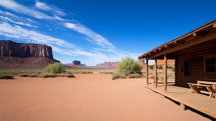 Aufkleber - Scenic desert landscape with wooden cabin and majestic rock formations under a clear blue sky : Generative AI