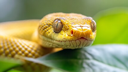 Poster - Close encounter with a vibrant yellow snake resting on green foliage in a lush tropical environment : Generative AI