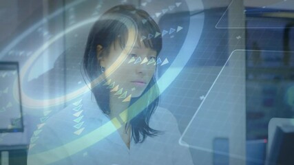 Poster - In office, businesswoman analyzing digital data with animation of graphs and charts