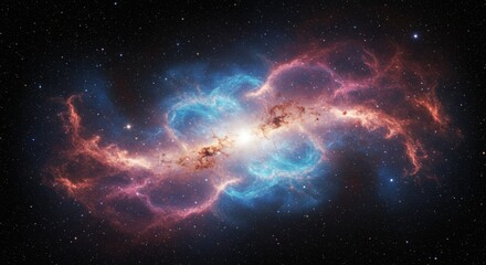Wall Mural - Celestial Collision: A Cosmic Dance of Light and Color - A vibrant nebula, showcasing a collision of cosmic matter, explodes with swirling blues and reds against a dark space backdrop