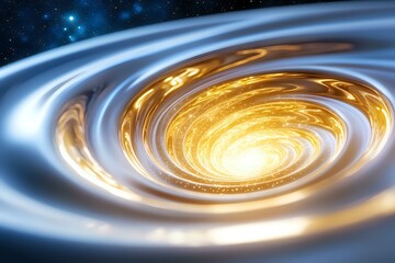 Poster - Luminous spiral galaxy formation with glowing golden center and blue outer rings swirling in cosmic space against starry background creates dramatic celestial view.