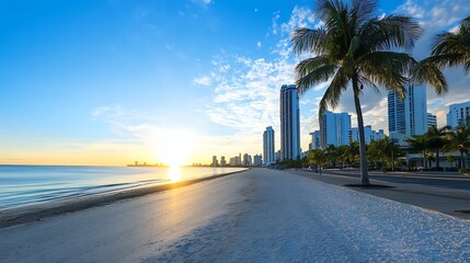 Poster - Stunning sunrise view over a tranquil beach with palm trees and modern buildings lining the shore : Generative AI