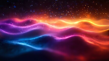 Poster - Abstract cosmic waves in vibrant neon colors flow across dark space background with glowing particles and light trails creating dynamic energy pattern.