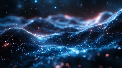 Aufkleber - Glowing abstract waves of blue light with sparkles and bokeh effects against dark background create magical cosmic atmosphere. Suitable for tech backgrounds.