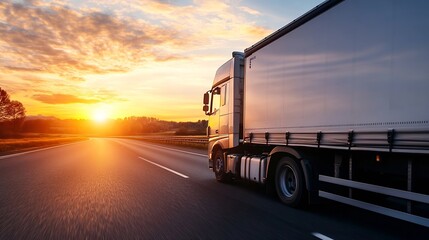 Aufkleber - Dynamic Image of a Modern Delivery Truck Driving on an Open Road Against a Setting Sun : Generative AI
