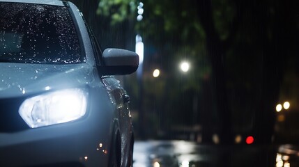 Aufkleber - Compact Car Parked in Rainy Night with Soft Reflections and Glowing Lights : Generative AI
