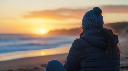 Poster - Contemplative individual observing a stunning sunset on the beach with waves gently crashing : Generative AI