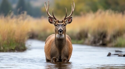 Poster - Majestic stag standing in shallow water surrounded by vibrant autumn foliage : Generative AI