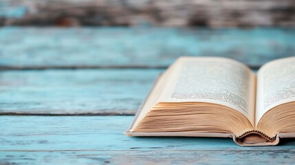 Poster - An open book resting on a rustic wooden table inviting readers to explore its pages and dive into knowledge : Generative AI