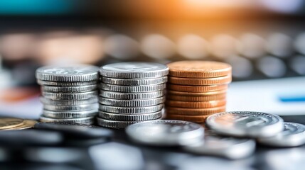 Aufkleber - Closeup shot of coins stacked in rows symbolizing finance savings and investment opportunities : Generative AI
