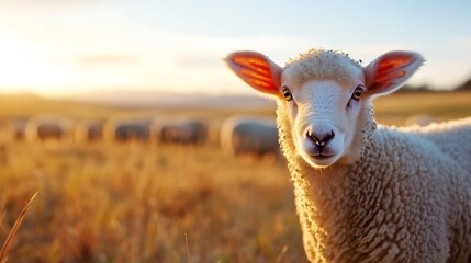 Poster - Curious sheep in an open field during sunset with a flock grazing in the warm golden light of the evening : Generative AI