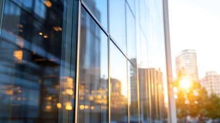 Aufkleber - Reflective Glass Facade of a Modern Office Building with Sunset Glow : Generative AI