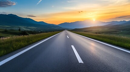 Aufkleber - Scenic highway stretching towards mountains under a vibrant sunset glowing on a clear evening : Generative AI