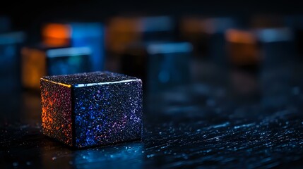 Poster - Glowing cube with orange and blue sparkles on dark textured surface creates mysterious atmosphere. Magical light effects and reflections add depth and intrigue.