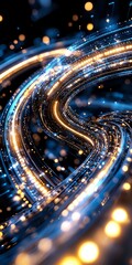 Aufkleber - abstract curved light trails in blue and gold colors with glowing particles and bokeh effects create