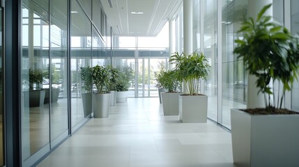 Aufkleber - Modern office corridor with green plants and large glass windows : Generative AI