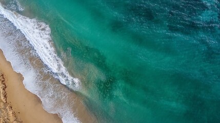 Aufkleber - Aerial view of vibrant turquoise ocean waves gently breaking on sandy beach for summer vacation concept : Generative AI