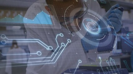Poster - In school, scientist using animation for futuristic data visualization in lab