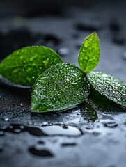 Aufkleber - Closeup of fresh green leaves with water droplets creating a natural and refreshing vibe : Generative AI