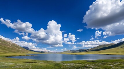 Aufkleber - Breathtaking natural scene featuring a calm lake surrounded by rolling hills under a vast blue sky with fluffy clouds : Generative AI