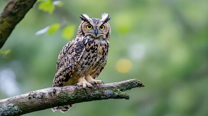 Poster - Majestic owl perched on a branch captivating gaze in a serene natural setting : Generative AI