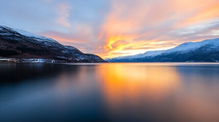 Aufkleber - Stunning sunrise over calm lake surrounded by majestic mountains and vibrant sky reflections : Generative AI