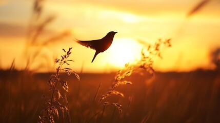 Aufkleber - Bird Silhouette Flying Over Golden Wheat Field at Sunset Creating Dreamlike Atmosphere : Generative AI