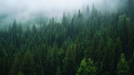 Poster - Lush Green Forest Under Foggy Atmosphere Ideal for Nature Lovers and Landscape Photography : Generative AI