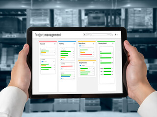 Poster - project planning software for modish business project management on the computer screen showing time